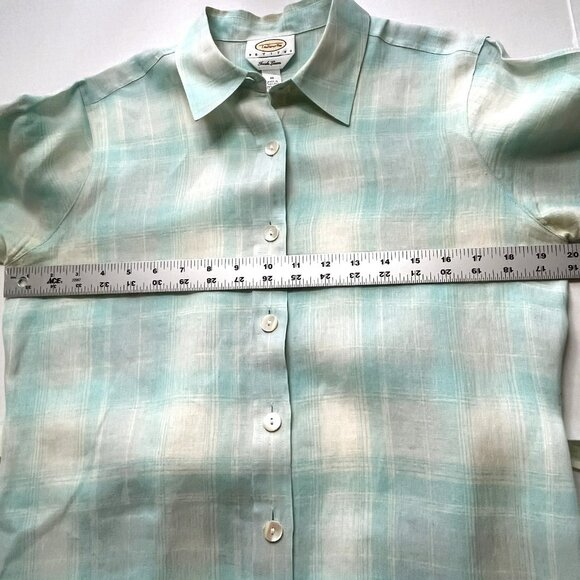 Talbots Petites Irish Linen Button Up Shirt w Belt sz 10P Blue Plaid Coastal - Picture 5 of 9